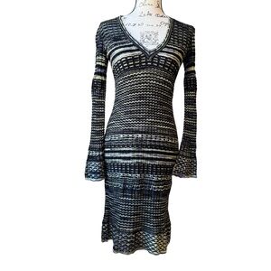 M Missoni Y2K Crochet Long Flare Sleeve V Neck Black Green Yellow White Dress S4